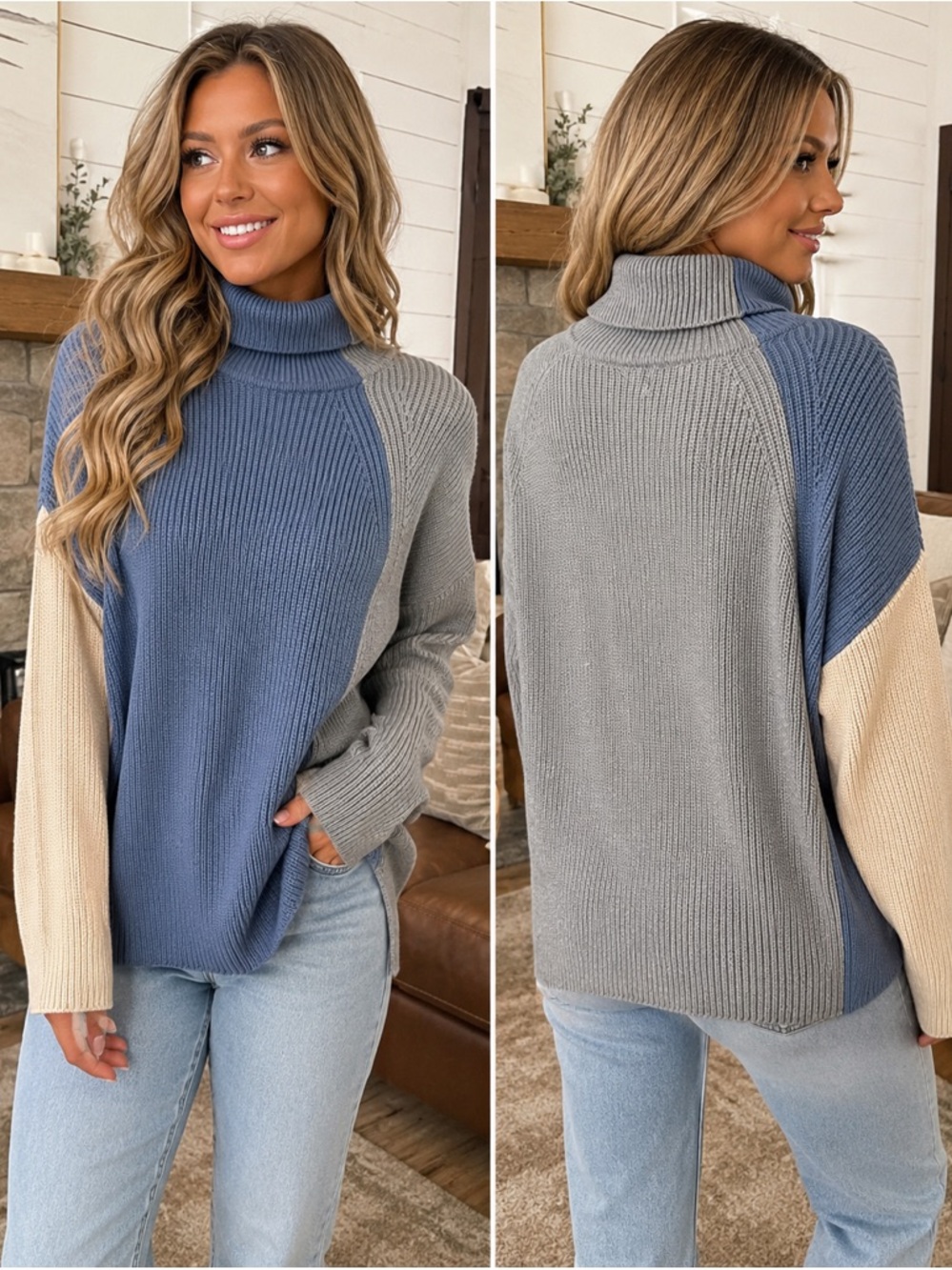 Whiteroom + Cactus Color Block Ribbed Turtleneck Sweater
